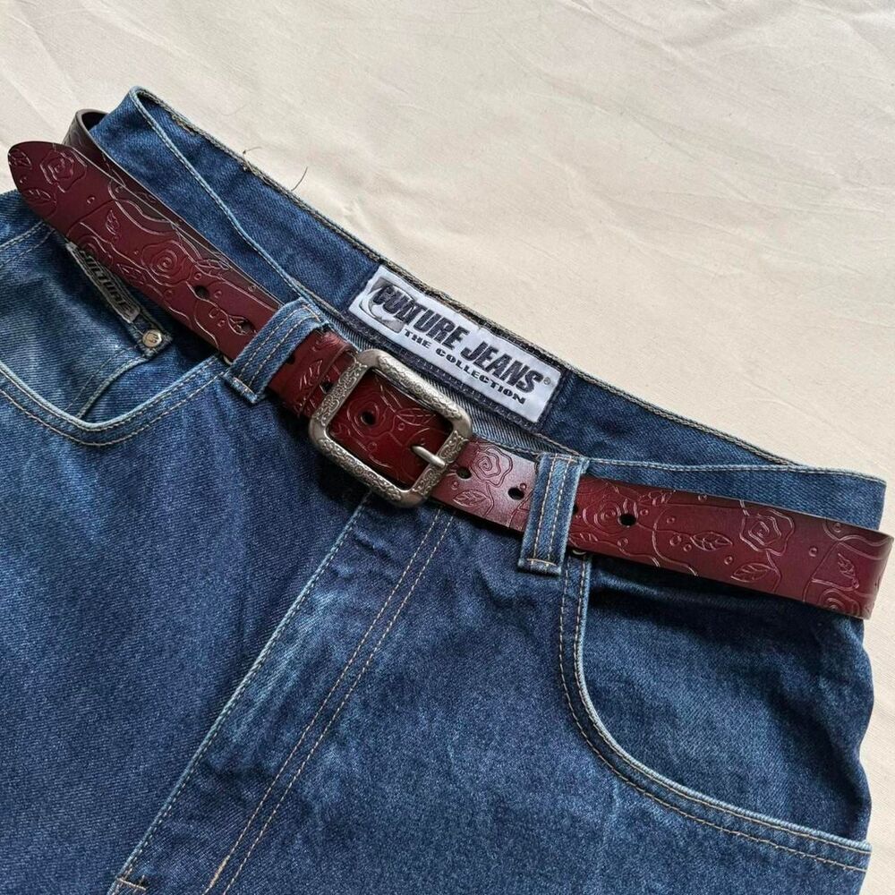 y2k brown leather american western floral design belt